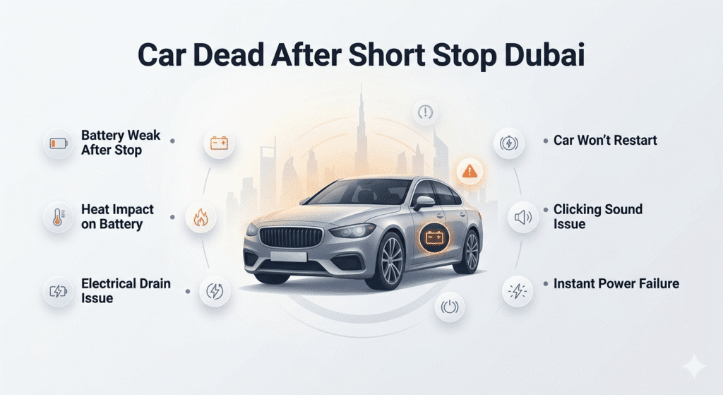 Car battery failure after short stop in Dubai heat showing warning signs and quick problem indicators