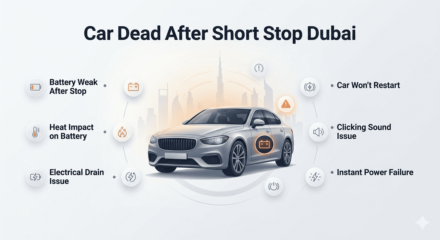 Car battery failure after short stop in Dubai heat showing warning signs and quick problem indicators