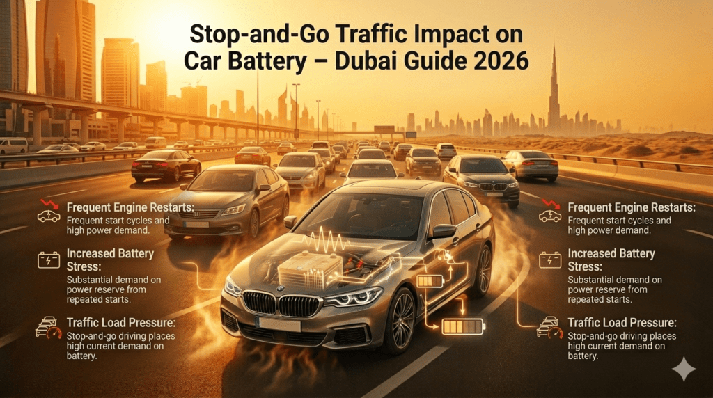Stop-and-go traffic in Dubai causing repeated engine restarts and increased car battery stress