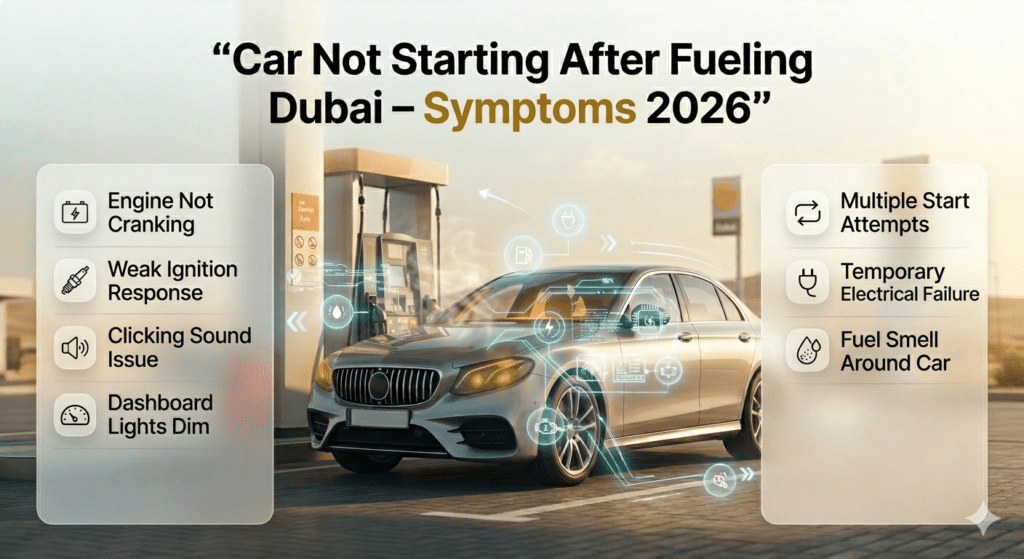 Symptoms of car not starting after fueling in Dubai including weak ignition, clicking sound, and dashboard light issues.
