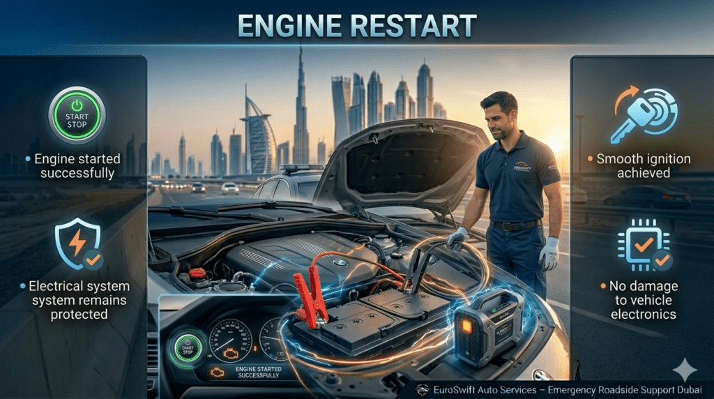 Technician confirming successful engine restart after jump-start with vehicle ignition and dashboard lights turning on safely.