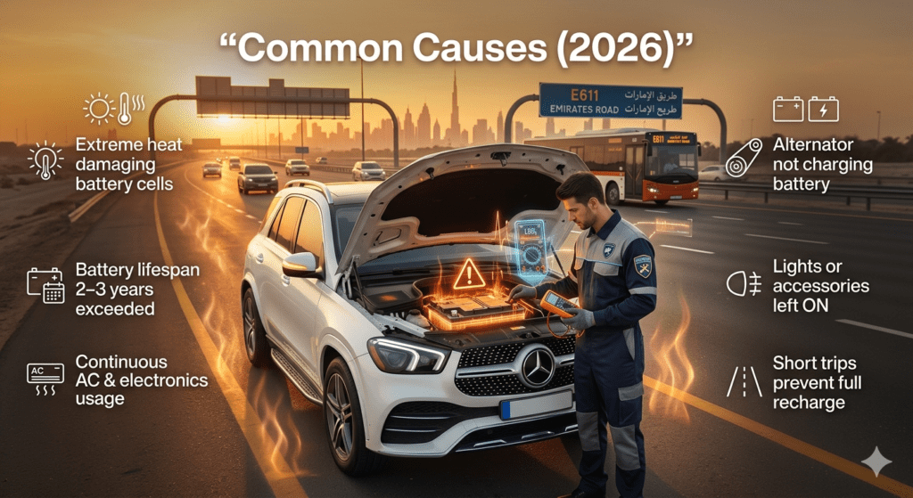 common causes of car battery failure in Dubai showing heat damage alternator issues and battery drain problems in 2026