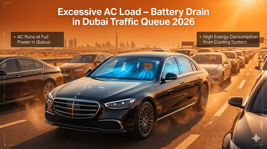 Car battery drain in Dubai traffic queue due to excessive AC load running at full power in extreme heat.