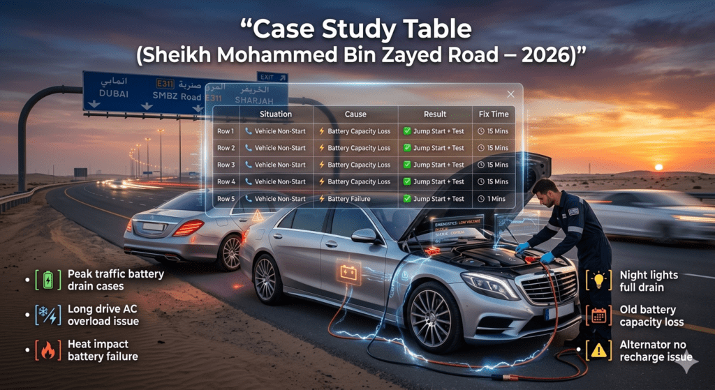 case study table showing car battery failure situations causes results and fix time on Sheikh Mohammed Bin Zayed Road UAE highway 2026