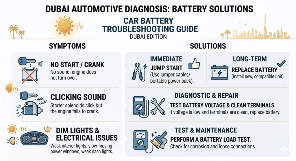 Car battery diagnosis table showing symptoms and solutions in Dubai conditions
