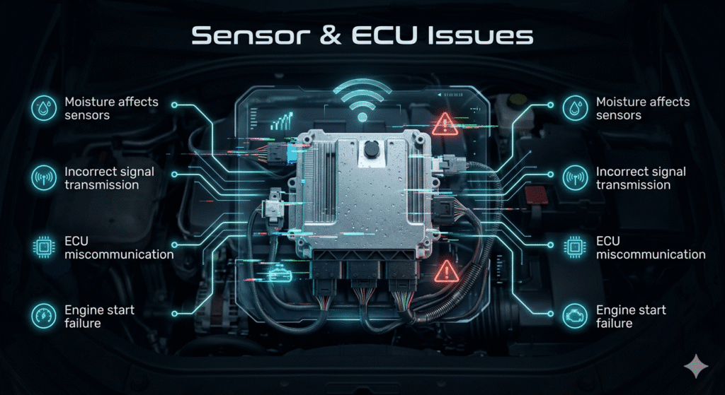 Car ECU and sensors affected by moisture causing signal errors and starting problems
