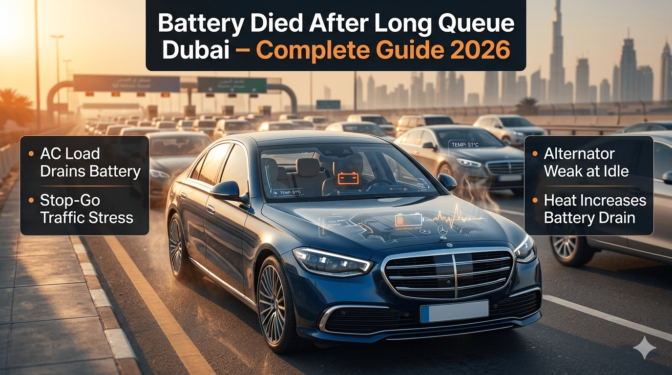 Car battery died in Dubai long traffic queue showing heat, AC load, and alternator strain causing battery drain.