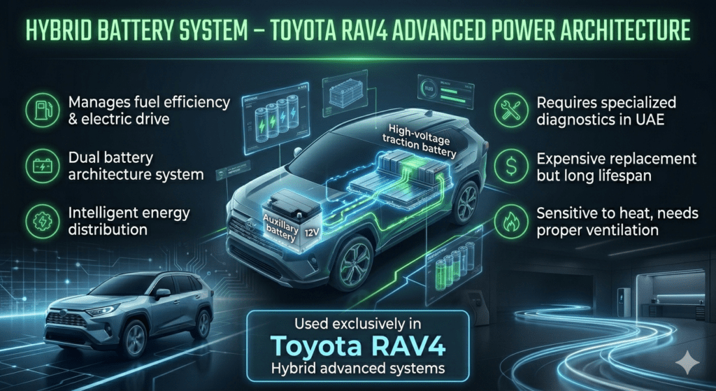 Toyota RAV4 hybrid battery system infographic showing high-voltage and 12V auxiliary batteries with features and functions.