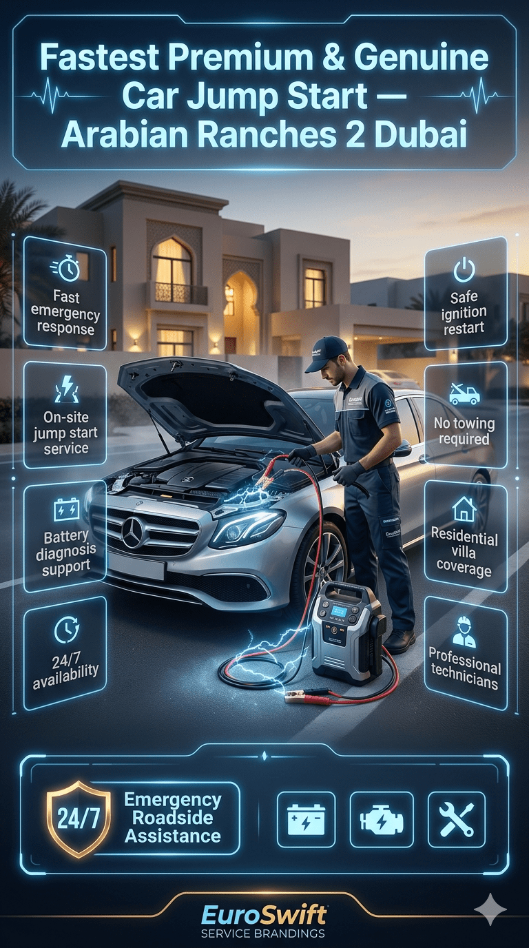 Emergency roadside jump start service in Arabian Ranches 2 showing technician boosting a luxury car battery with safety features and service benefits displayed on both sides.