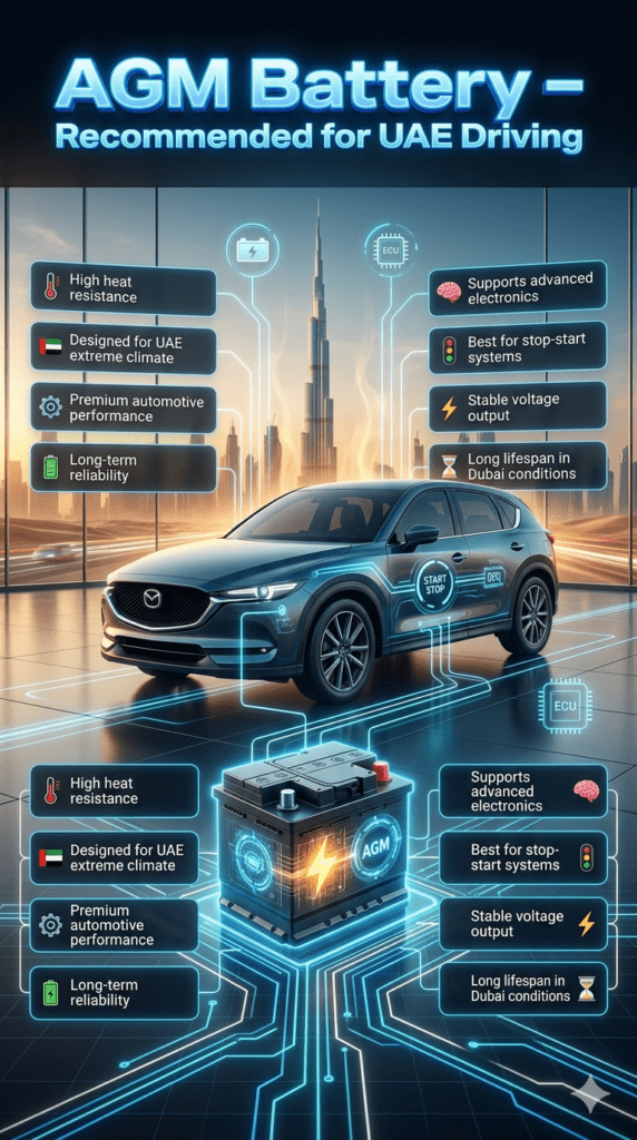 AGM battery infographic showing high heat resistance, support for advanced electronics, stop-start system compatibility, and long lifespan in Dubai conditions.