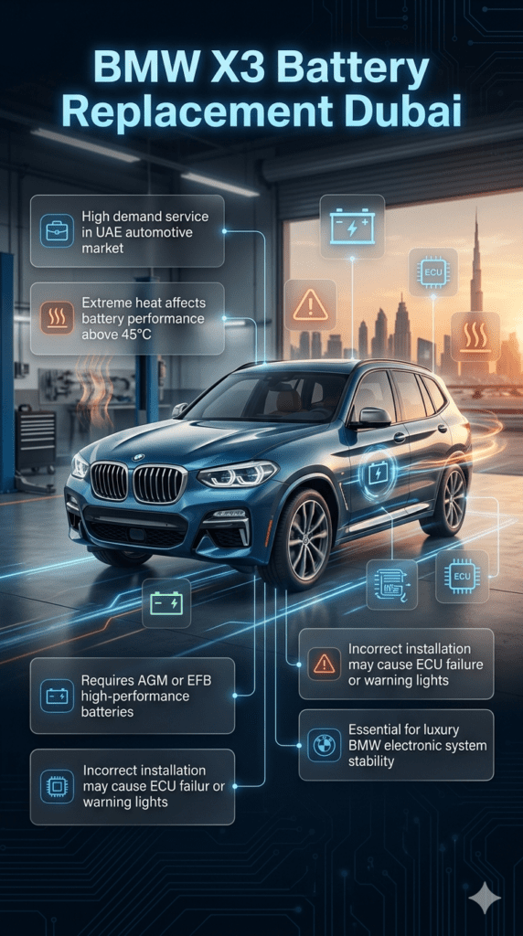 BMW X3 battery replacement Dubai infographic showing luxury SUV, extreme heat impact, AGM battery requirement, ECU sensitivity, and professional diagnostic introduction guide