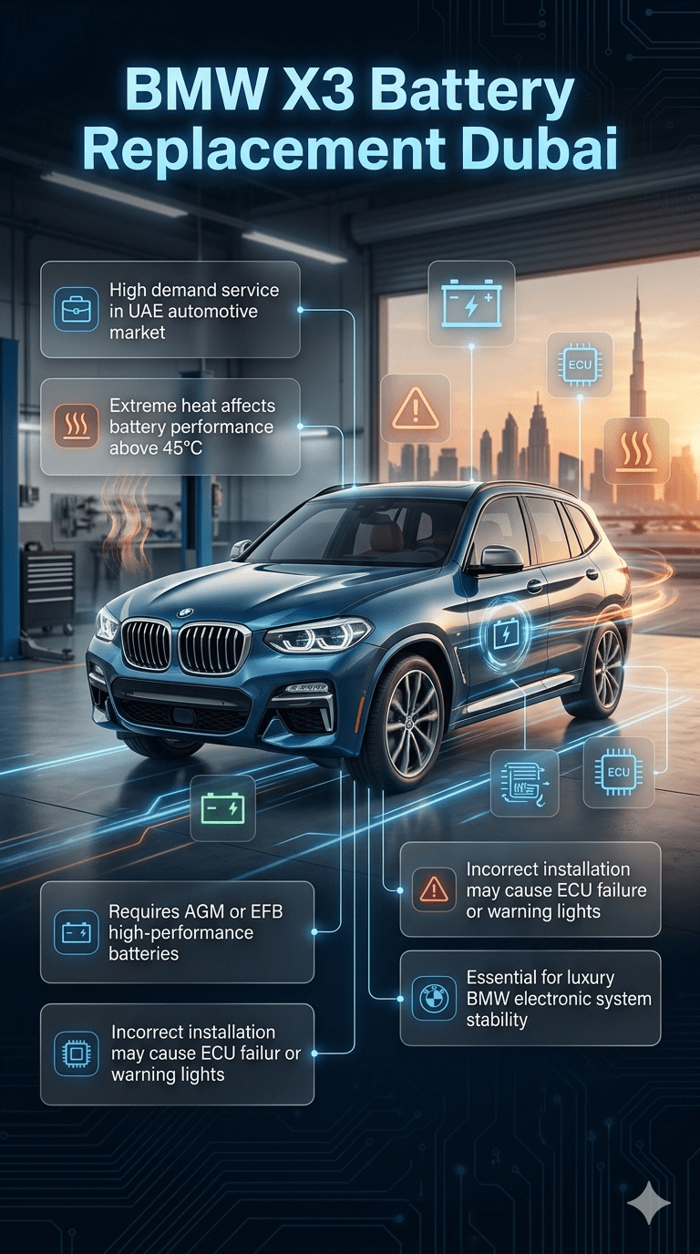 BMW X3 battery replacement Dubai infographic showing luxury SUV, extreme heat impact, AGM battery requirement, ECU sensitivity, and professional diagnostic introduction guide