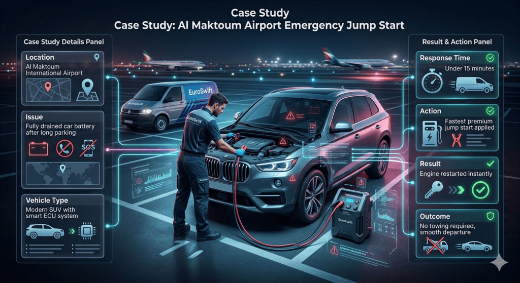Case study infographic showing emergency jump start at Al Maktoum Airport with EuroSwift Auto Services, including drained battery issue, fast response, jump start action, and successful engine restart without towing.