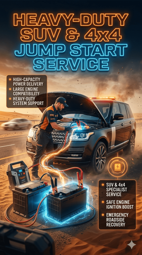Heavy-duty SUV and 4x4 jump start service showing technician delivering high-capacity power boost to large engine vehicles like Range Rover and Land Cruiser in emergency roadside conditions.