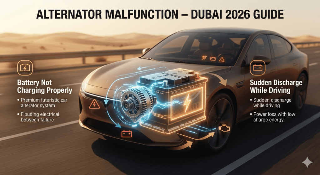Car breakdown in Dubai caused by alternator malfunction showing battery not charging and sudden power loss while driving
