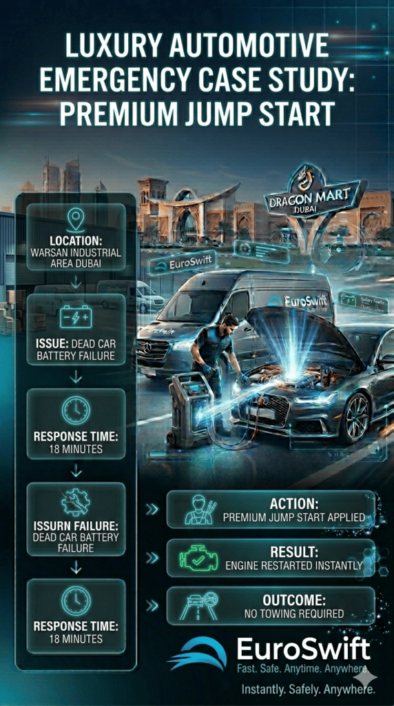 Premium roadside assistance case study infographic showing Warsan Dubai emergency jump start with 18-minute response time, battery failure resolution, and instant engine restart without towing.