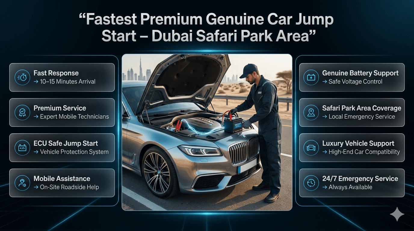 Premium automotive user guide infographic showing ECU-safe roadside jump start service near Dubai Safari Park with luxury car support, mobile technician, and instant recovery system.