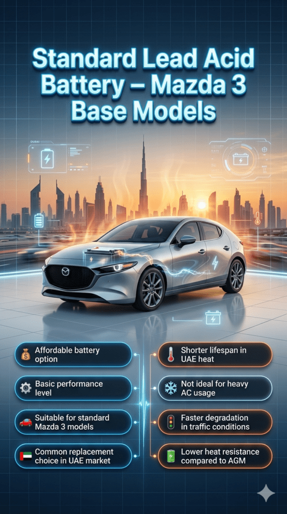 Mazda 3 standard lead acid battery infographic showing base model battery features, limitations, and UAE heat impact with futuristic automotive design.