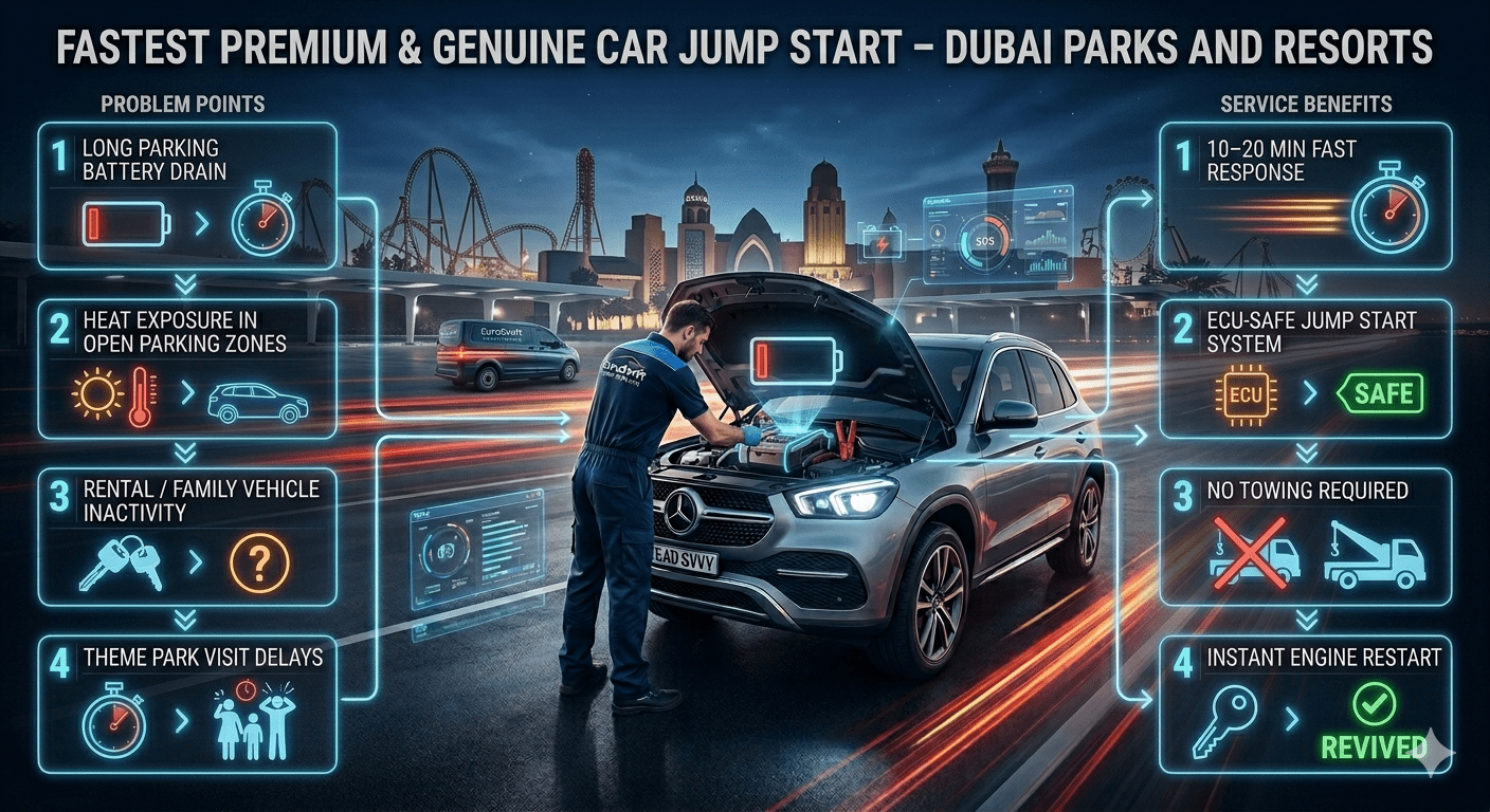 Premium infographic showing car jump start service in Dubai Parks and Resorts with EuroSwift Auto Services technician, highlighting battery issues, fast response, ECU-safe system, and instant vehicle restart.