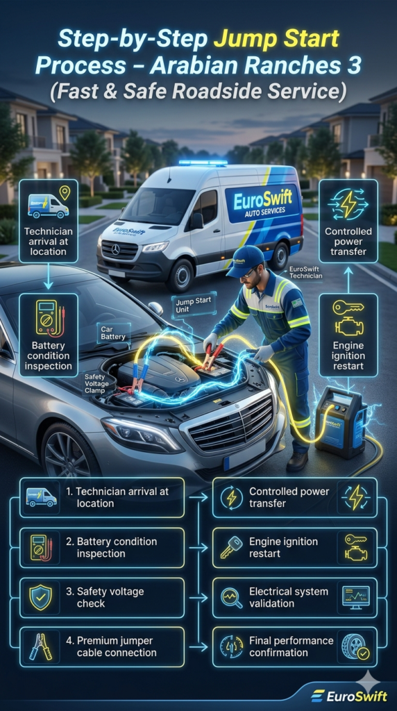 Professional roadside jump start step-by-step infographic showing technician performing battery inspection, safe cable connection, and engine restart process in Arabian Ranches 3 with structured service steps on both sides.