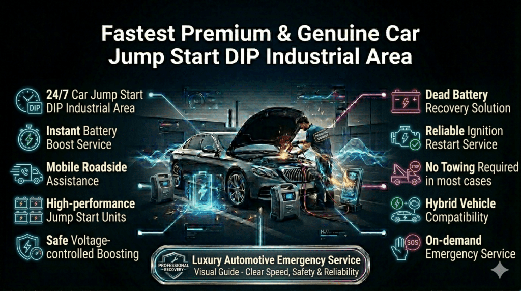 Car jump start service features in DIP Industrial Area showing technician boosting battery with emergency roadside support highlights.
