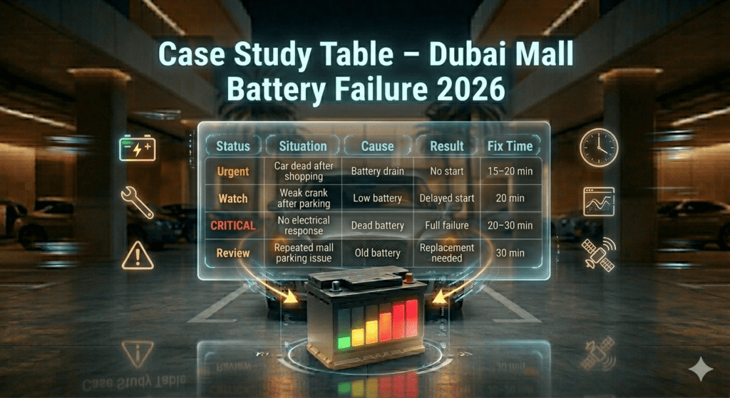 Car battery failure case study table showing situations, causes, results, and fix times in Dubai mall parking 2026.