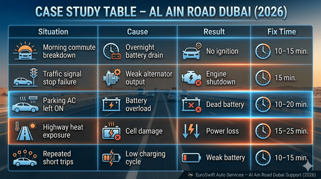 Case study table showing car breakdown situations on Al Ain Road Dubai with causes, results, and fix times in a structured infographic layout.