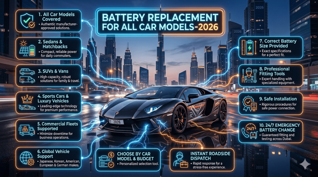 infographic showing a luxury Lamborghini in the center with Dubai skyline background and bold title at top reading Battery Replacement for All Car Models-2026. Side bullet points highlight support for sedans, SUVs, hatchbacks, sports cars, luxury vehicles, vans, commercial fleets, Japanese, Korean, American, European and German vehicles, correct battery size, safe installation, and 24/7 emergency service. Futuristic glowing automotive design.