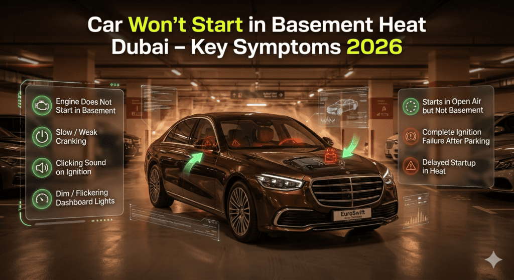 Car won’t start in basement heat Dubai showing key symptoms like weak cranking, clicking sound, and ignition failure.