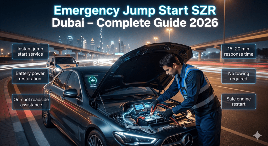 A cinematic roadside assistance scene on Sheikh Zayed Road showing a technician performing an emergency jump start on a luxury car with futuristic informational panels describing service steps and benefits.