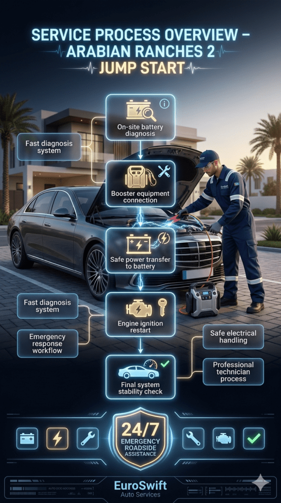 Step-by-step emergency jump start process in Arabian Ranches 2 showing technician performing battery diagnosis, booster connection, power transfer, ignition restart, and final system check.