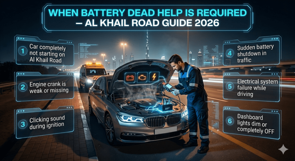 A cinematic roadside breakdown scene on Al Khail Road Dubai showing a mechanic diagnosing a car battery failure with futuristic warning panels highlighting when emergency help is required.