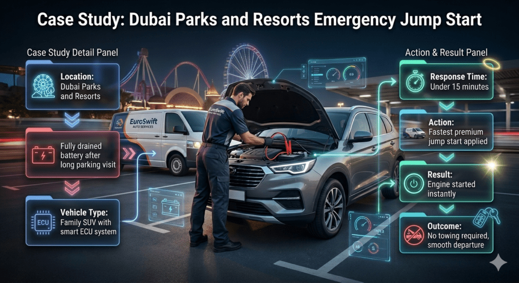 Case study infographic showing emergency jump start at Dubai Parks and Resorts with EuroSwift Auto Services, including drained battery issue, fast response, jump start action, and successful engine restart without towing.
