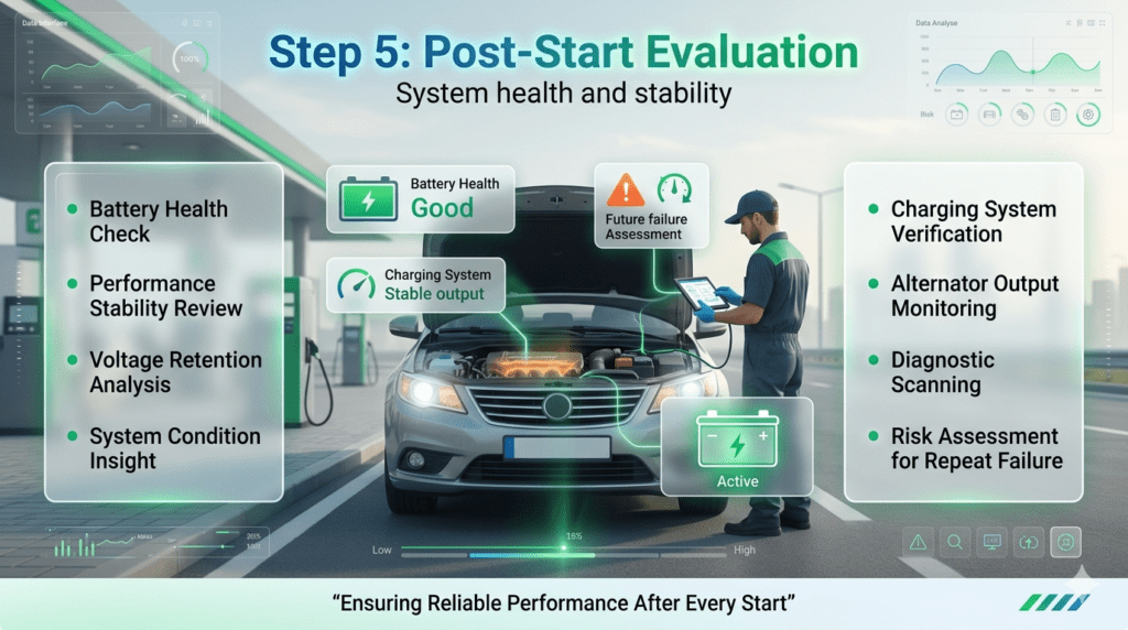Post-start evaluation showing technician checking battery health and charging system after successful car jump start using diagnostic tools
