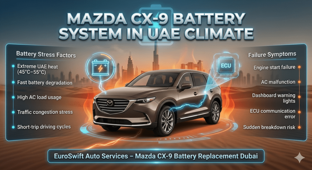 Mazda CX-9 SUV battery system infographic showing UAE heat impact, battery stress factors, failure symptoms, ECU system dependency, and car battery replacement requirements in Dubai climate.