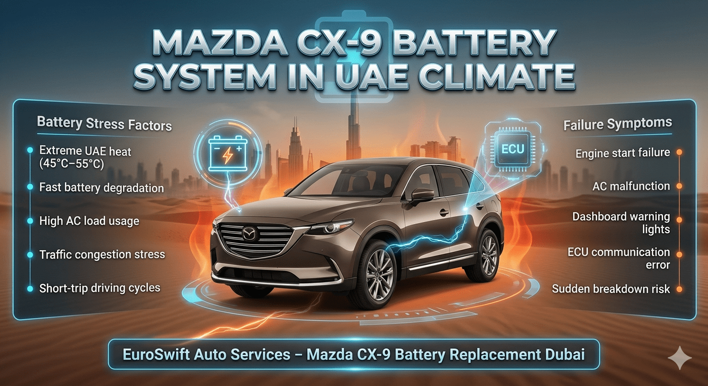Mazda CX-9 SUV battery system infographic showing UAE heat impact, battery stress factors, failure symptoms, ECU system dependency, and car battery replacement requirements in Dubai climate.
