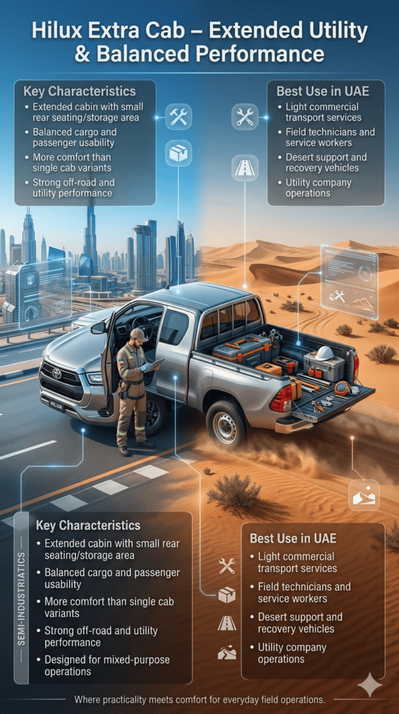Toyota Hilux Extra Cab pickup truck shown in UAE mixed urban and desert environment with infographic panels highlighting extended cabin space, balanced cargo use, and utility applications for service and commercial work.
