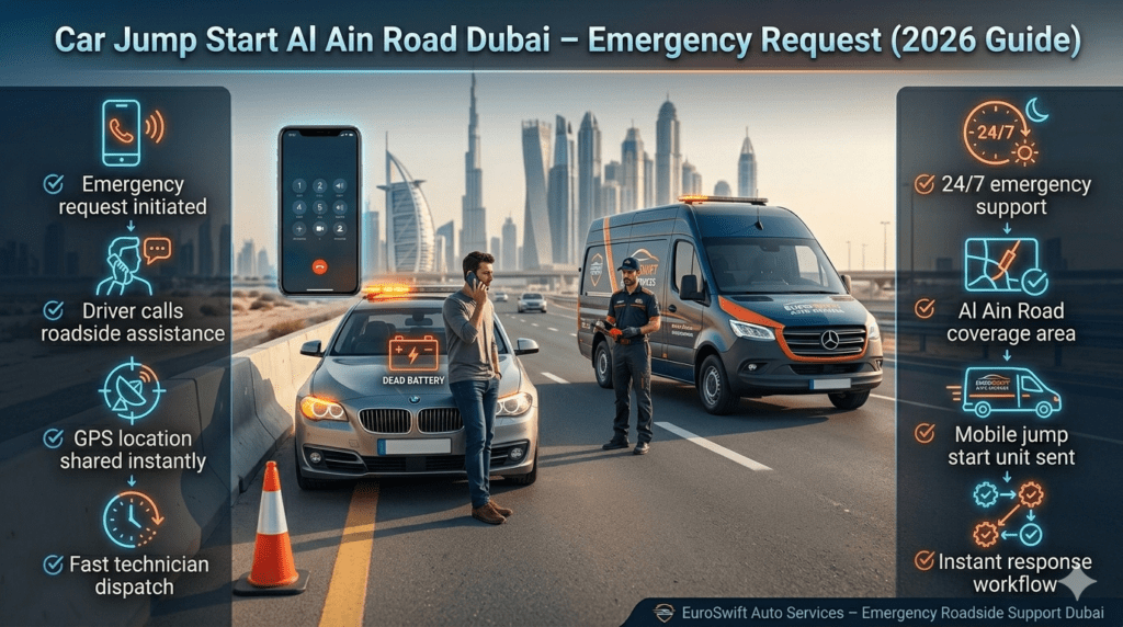 Emergency Car Jump Start Al Ain Road Dubai showing driver requesting roadside assistance via phone with technician dispatched in mobile service vehicle on highway with infographic emergency request process.