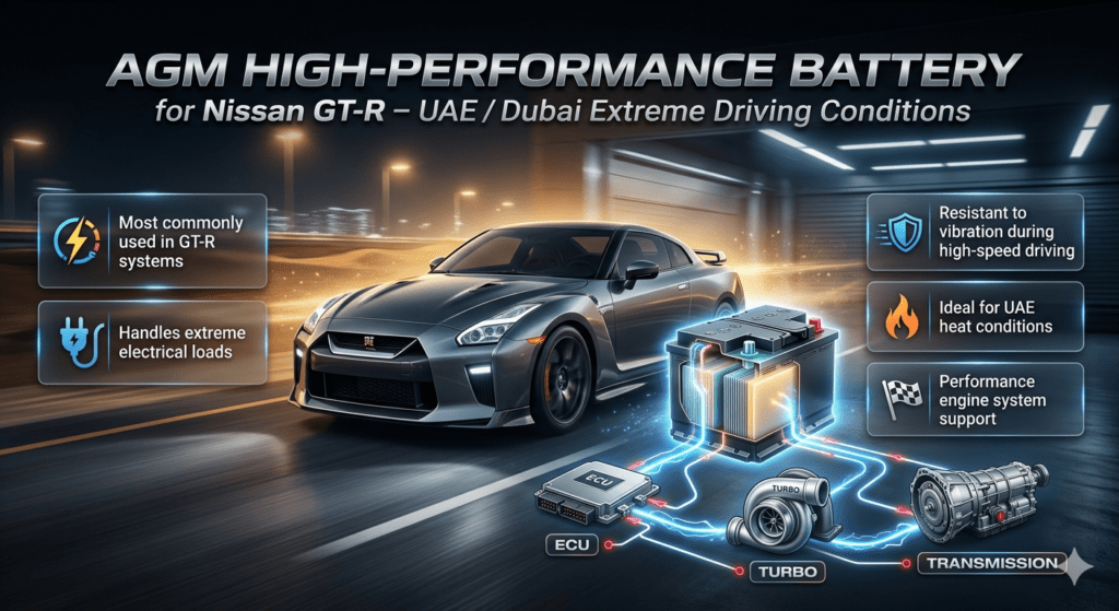 AGM high-performance battery Nissan GT-R UAE infographic showing absorbent glass mat technology, extreme load handling, vibration resistance, and heat performance in Dubai supercar conditions.