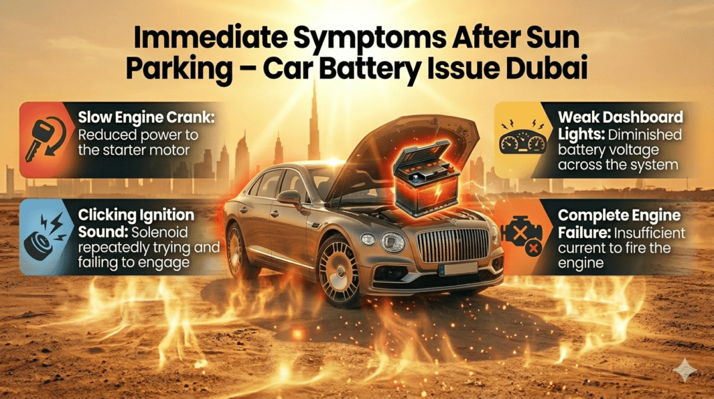 Car battery failure symptoms after parking in Dubai sun including slow crank, clicking sound, weak lights, and engine failure
