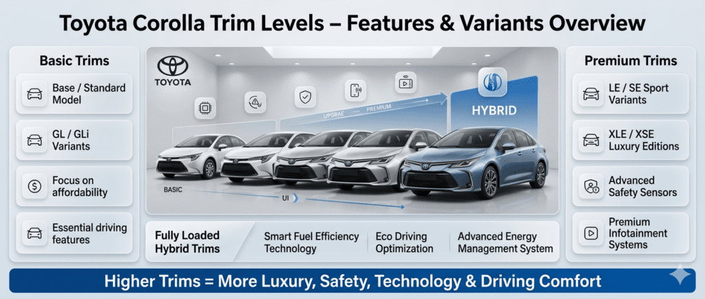 Toyota Corolla trim levels infographic showing base, GL, LE, XLE, XSE, and hybrid variants with features like safety systems, infotainment, and luxury upgrades.