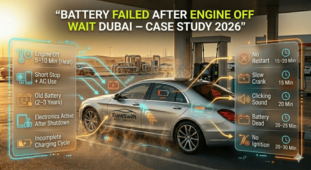Case study table of battery failure after engine off wait in Dubai showing causes, results, and fix times.