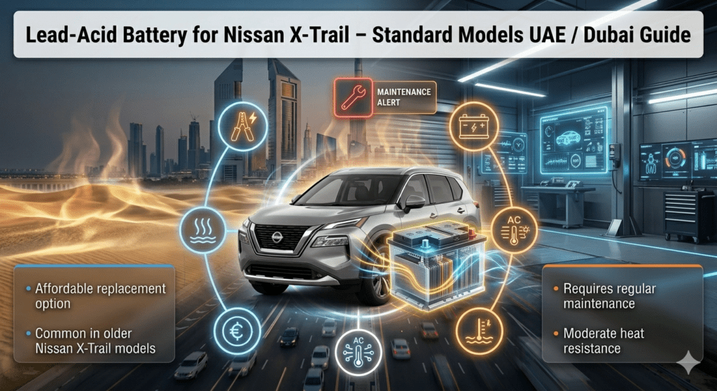 A visual guide explaining Lead-Acid battery usage in Nissan X-Trail standard models, focusing on cost, durability, and UAE climate performance.