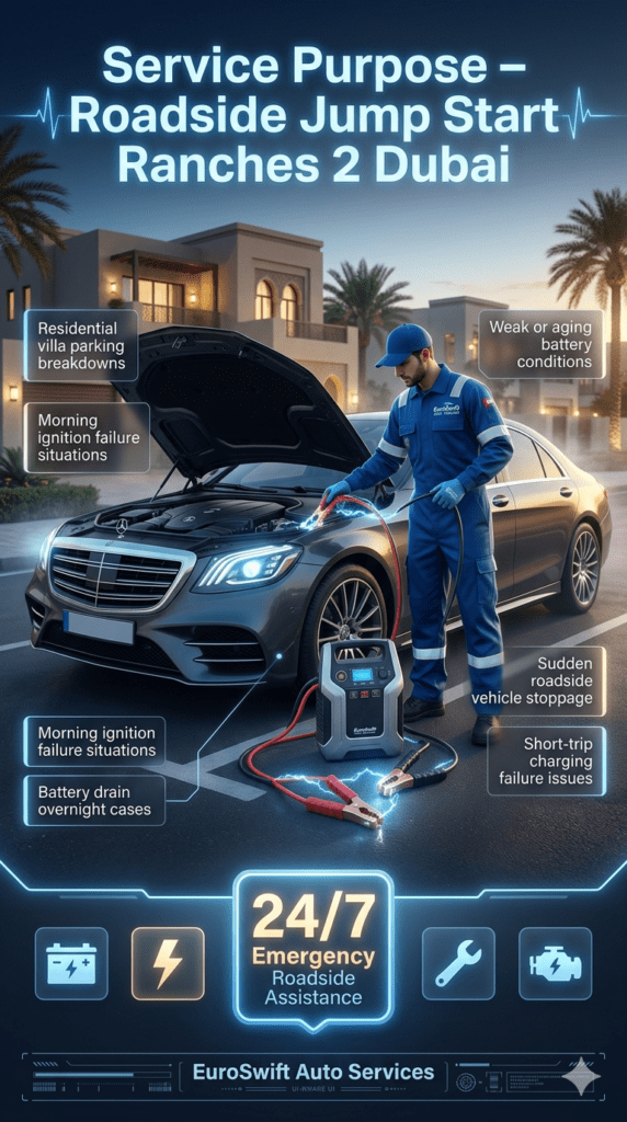 Emergency roadside jump start service in Ranches 2 showing common service purposes like villa breakdowns, battery drain, and ignition failure with technician assistance.