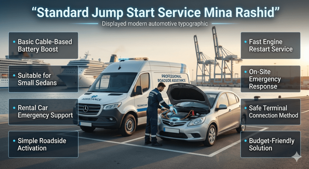 Technician performing standard cable jump start on a small sedan near Mina Rashid port with roadside assistance van and cruise terminal background.
