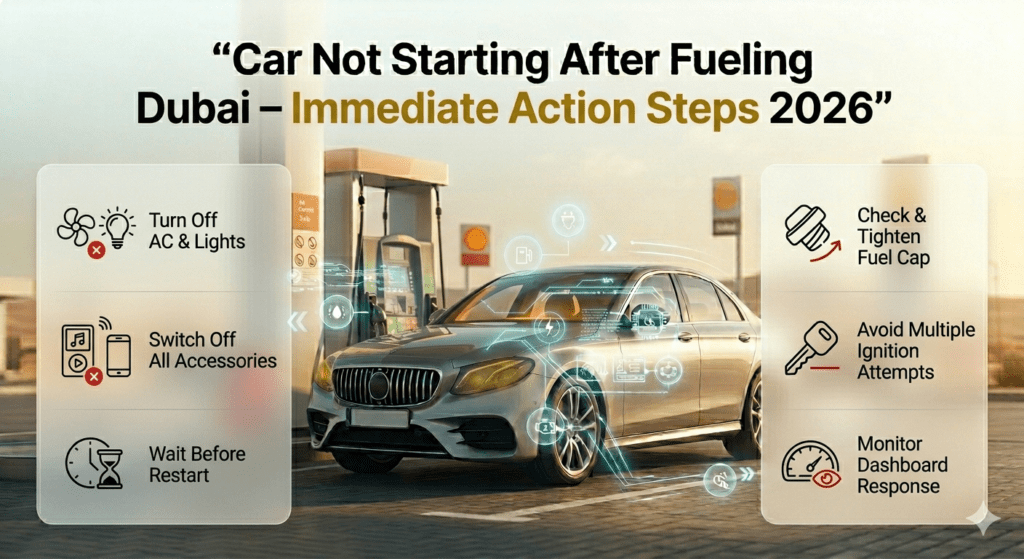 Immediate steps to fix car not starting after fueling in Dubai including turning off accessories and checking fuel cap.
