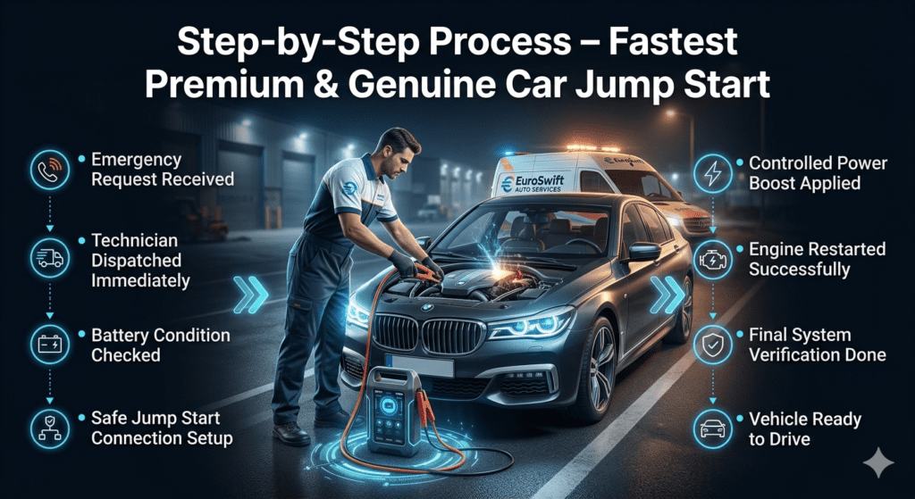 Professional technician performing step-by-step car jump start process using mobile booster equipment in Al Aweer Industrial emergency roadside service.