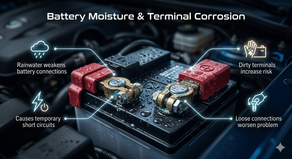 Car battery with water droplets and terminal corrosion showing moisture damage and connection issues