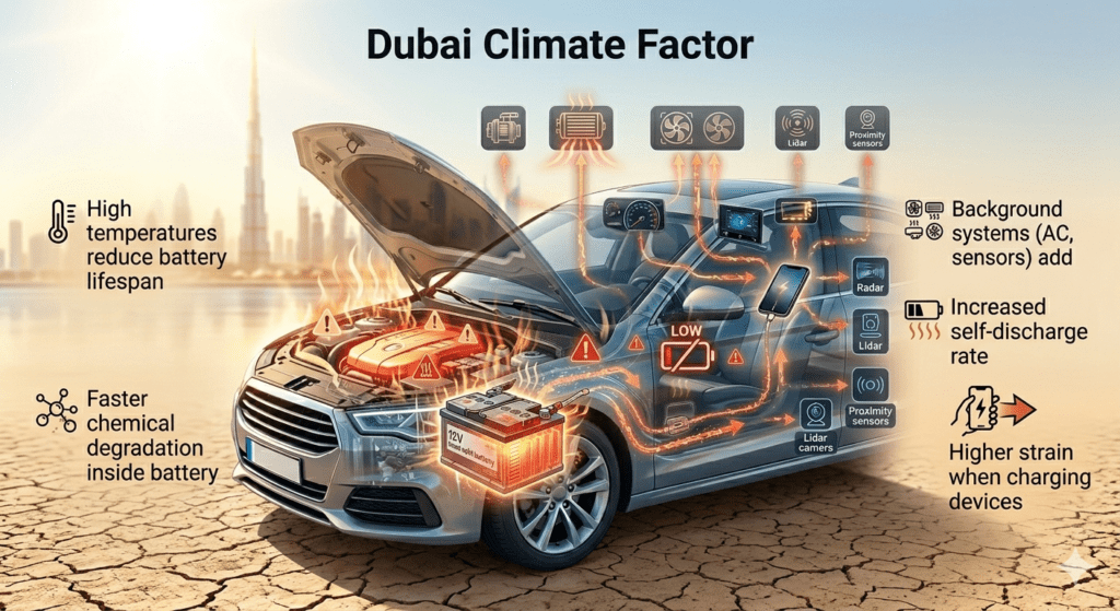 Dubai heat impact on car battery showing high temperature damage and faster battery drain