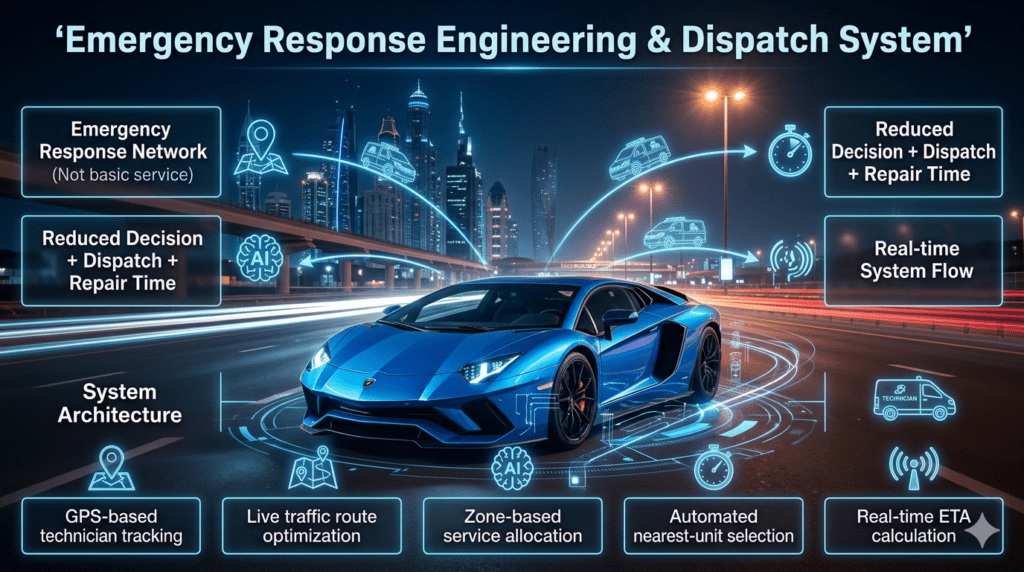 A futuristic Dubai highway scene with a Lamborghini and holographic maps showing technicians being dispatched in real time using GPS and optimized routes.